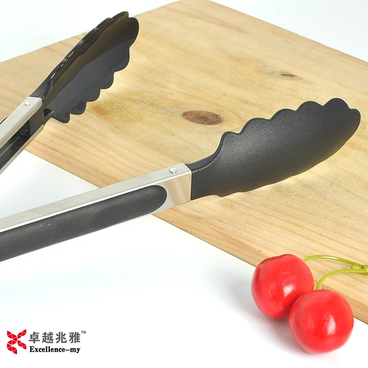 9 Inch 289 food grade Nylon tweezer shaped Stainless Steel Material kitchen utensils Nylon Head Tongs
