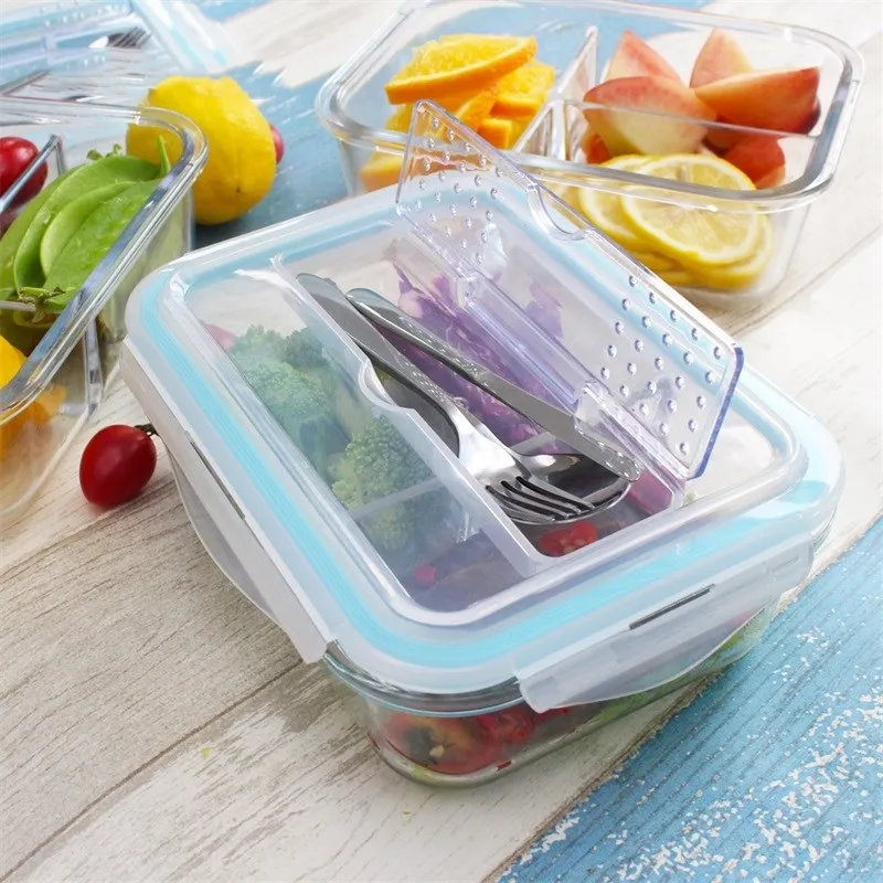 IKOO top seller glass food box with cutlery set glass bento lunch box