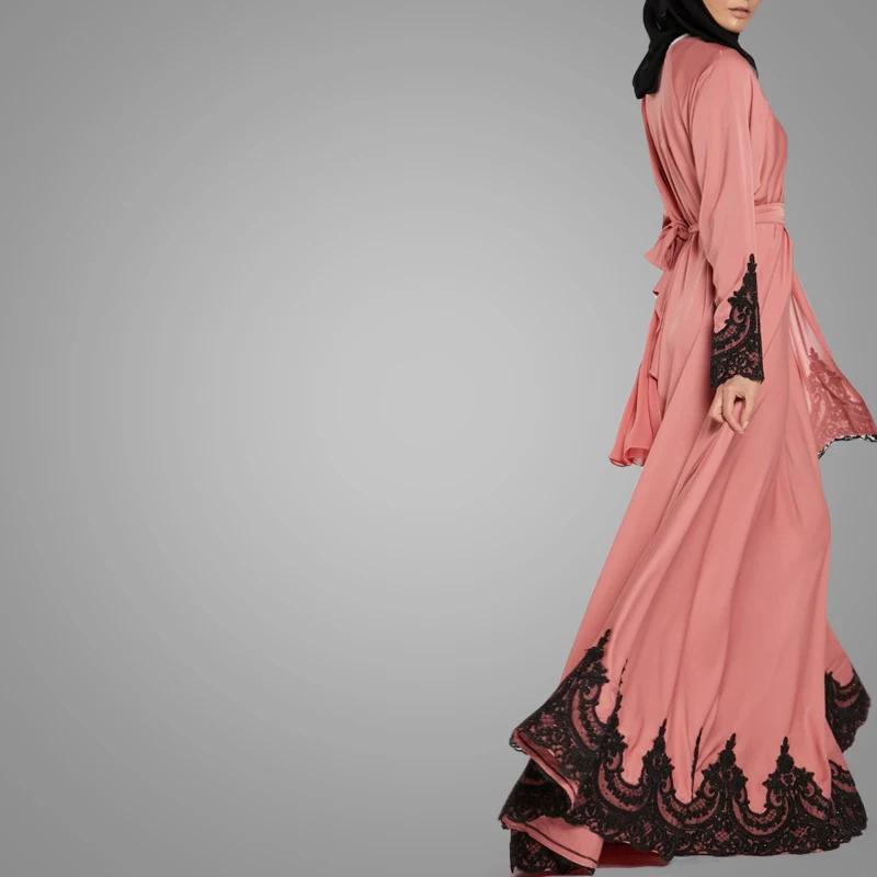 Wholesale Islamic Apparel Abaya Elegant Lace Sash Jersey Muslim Maxi Dress Islamic Clothing  Long Sleeve Moroccan Kaftan Dresses