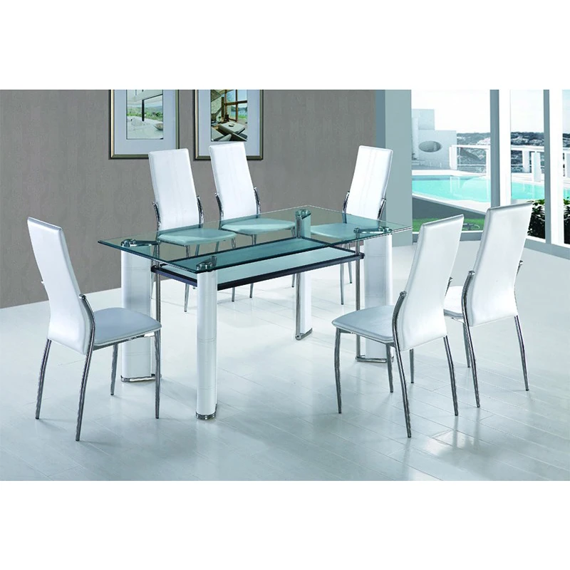 Дешевый двухуровневый стеклянный обеденный стол с металлическими ножками