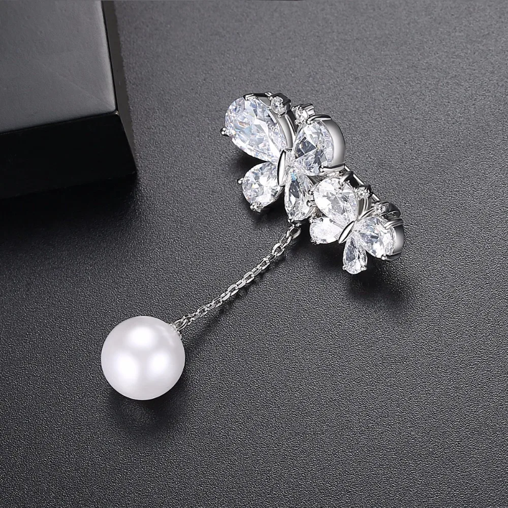 LUOTEEMI New Vivid CZ Crystal Butterfly with Created White Round Pearl Drop Fashion Brooch Pin For Women Wedding Jewellery Gift