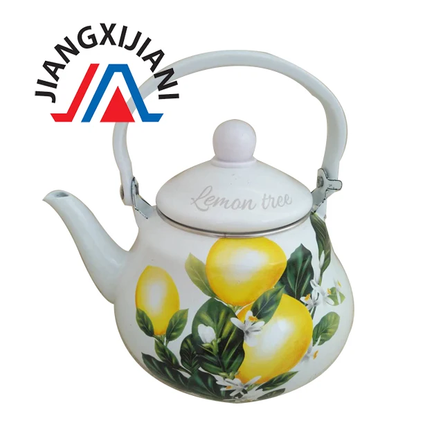 
Hot Selling New Design 1.5L 2.0L Pear Shaped Enamel Kettle Teapot with Furit Decal In Market 