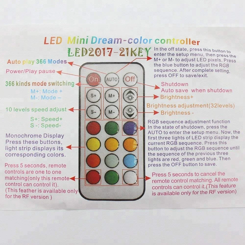 Mini 5-24V 21 Key RF Remote Controller for WS2811 WS2812B LED Dream Color Strip Light