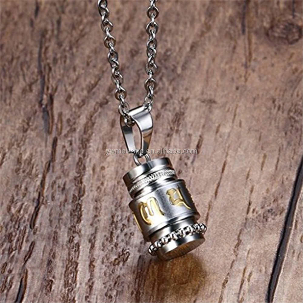 Stainless Steel Cremation Jewelry Drum Bottle with Gold Plating Om Mani Padme Hum Pendant Memorial Urn Chain Necklace