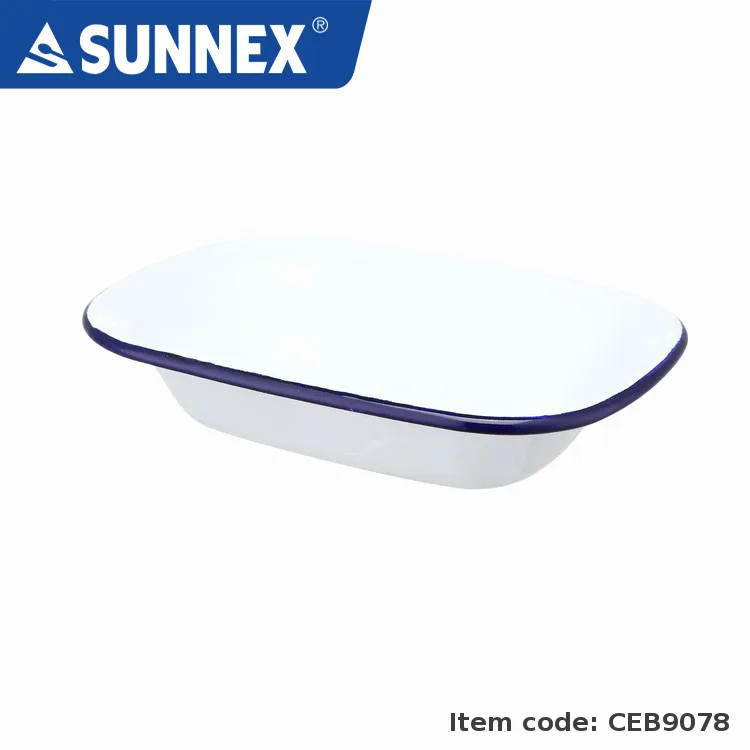 Sunnex Durable Steel Inner Blue Rim White Bowl Plate Cup Dish Mug Enamel Coating Tableware for Restaurant Hotel Crockery