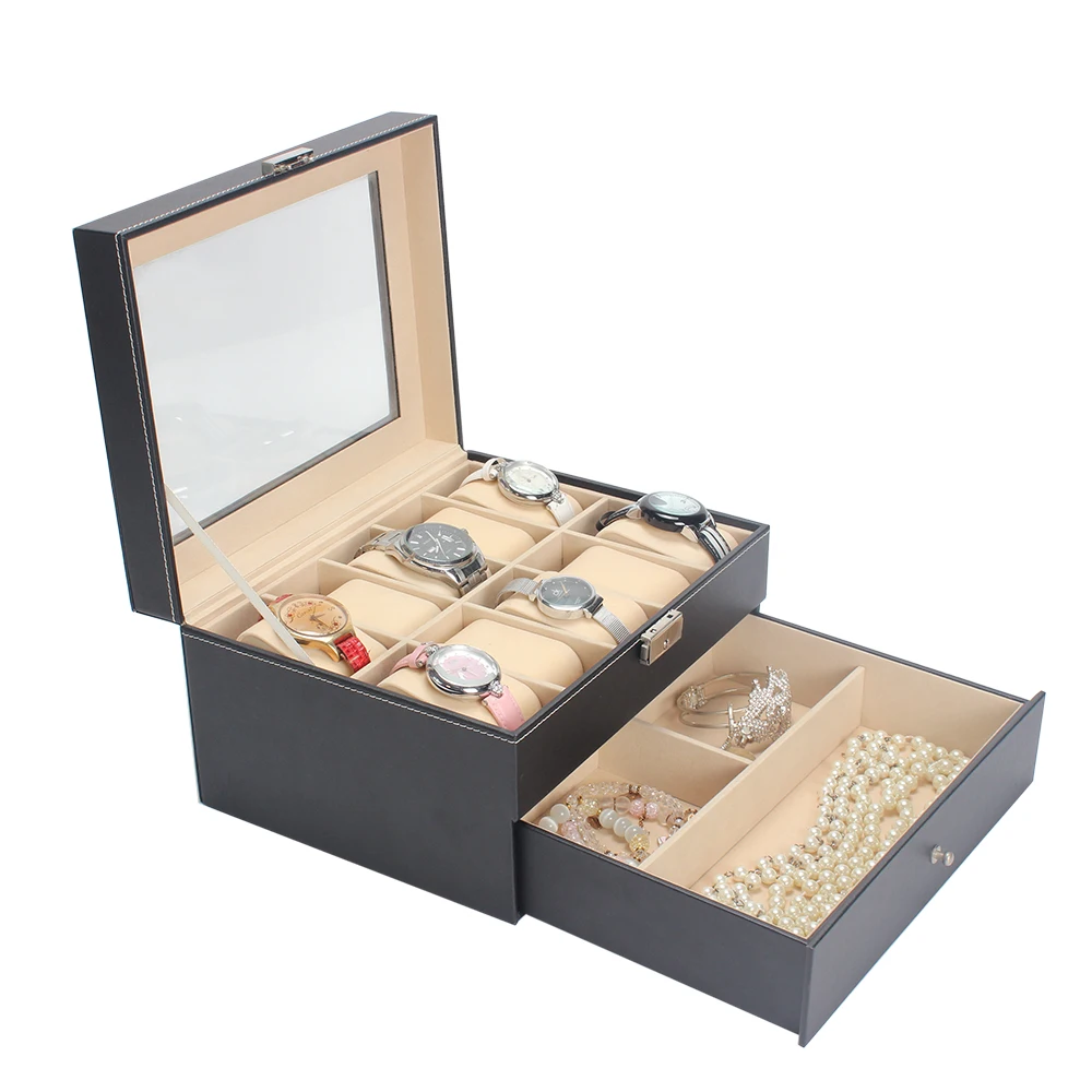 
luxury custom logo 10 slots watch case jewelry black storage leather velvet watch box 