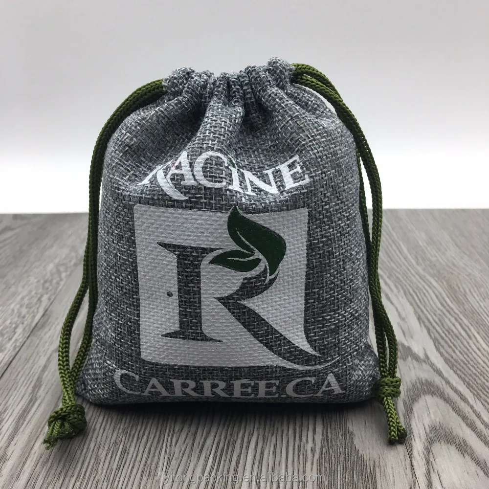 Custom Logo Printed Burlap Hessian Coffee Christmas Gift Drawstring Jute Gunny Pouch Grey Cotton String Jute Bag