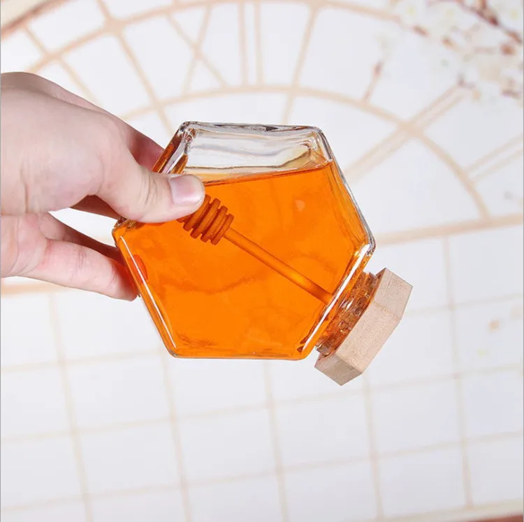 Оптовая продажа 100 мл шестигранная пустая Роскошная стеклянная банка для хранения меда с деревянной крышкой