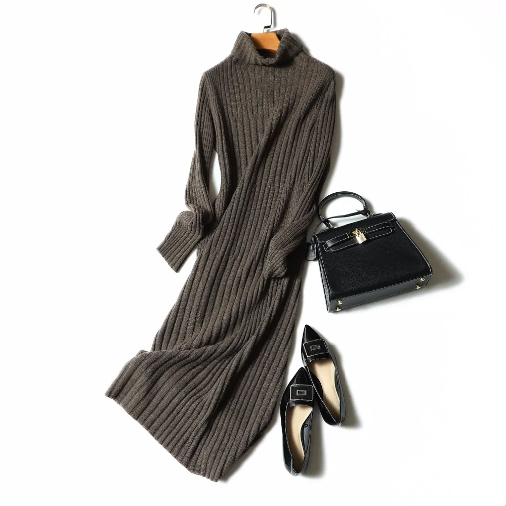 Ladies winter women stripe casual dress cashmere dress wool turtleneck evening dress Cable Knit Sweater for women