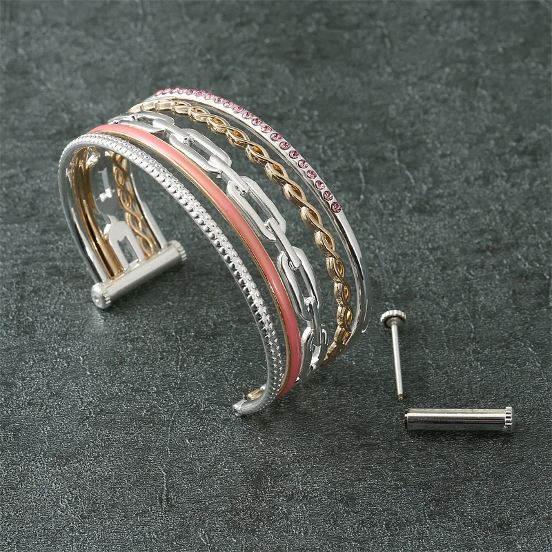 
Trendy Women Zinc Alloy Acrylic Round Rhinestone Real Gold Plated Screw End Open Cuff Bracelet Bangle 