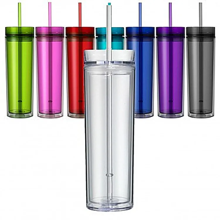 Popular BPA free colorful 16oz acrylic Skinny tumbler with Lid and Straw  double wall reusable plastic skinny tumbler