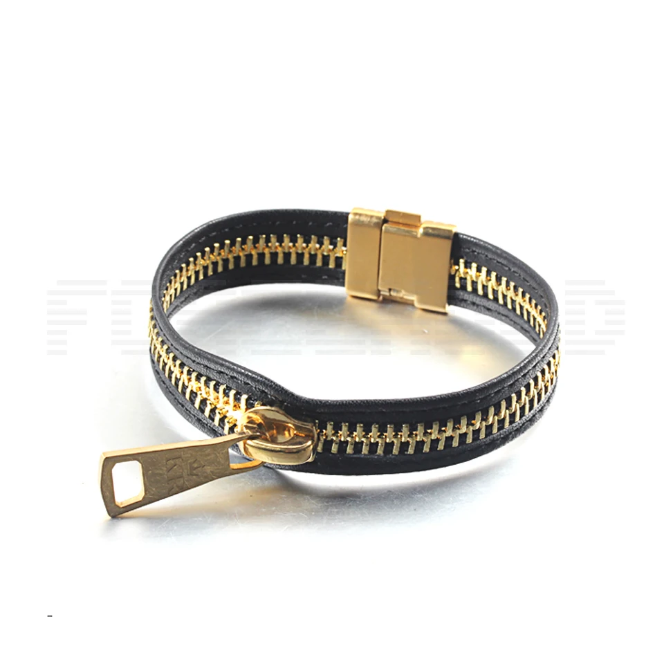 Stainless Steel Zipper Pull Leather Bracelet