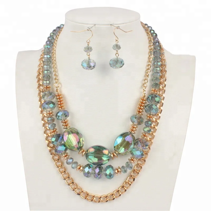 Fashion Design Handmade Glass Beads Jewelry Multi Layered Necklace And Earring Set lux jewelry