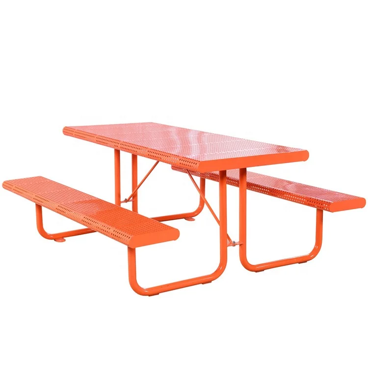 Perforated metal commercial outdoor table and bench set steel picnic table for public space