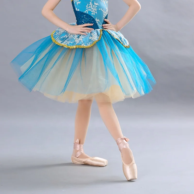embroidery flower dance wear court style blue tutu skirt gold sequin performance dance costume
