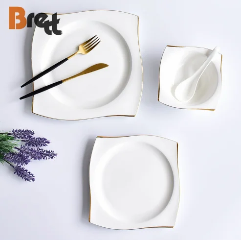 Brett  Square Gold Rim Porcelain Dish Plate Wholesale Bulk High Standard Bone China Plate  Dinnerware For Restaurant