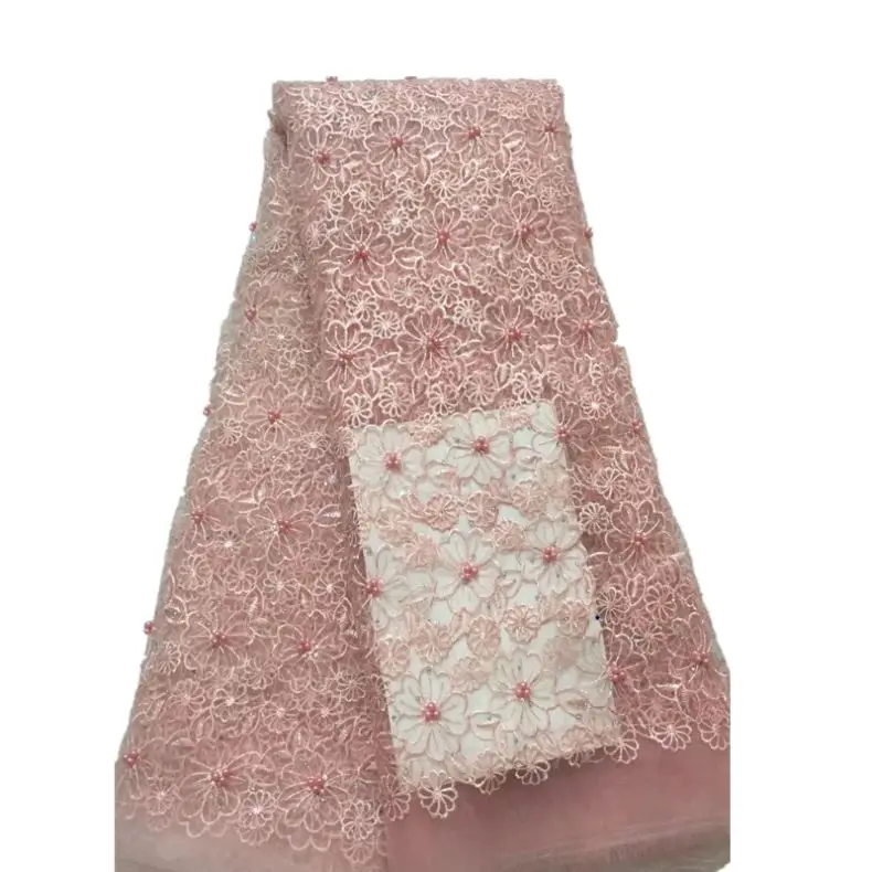 Персиковое Тюлевое кружево с бусинами высшего качества, чистые нигерийские французские кружева ручной работы для свадьбы