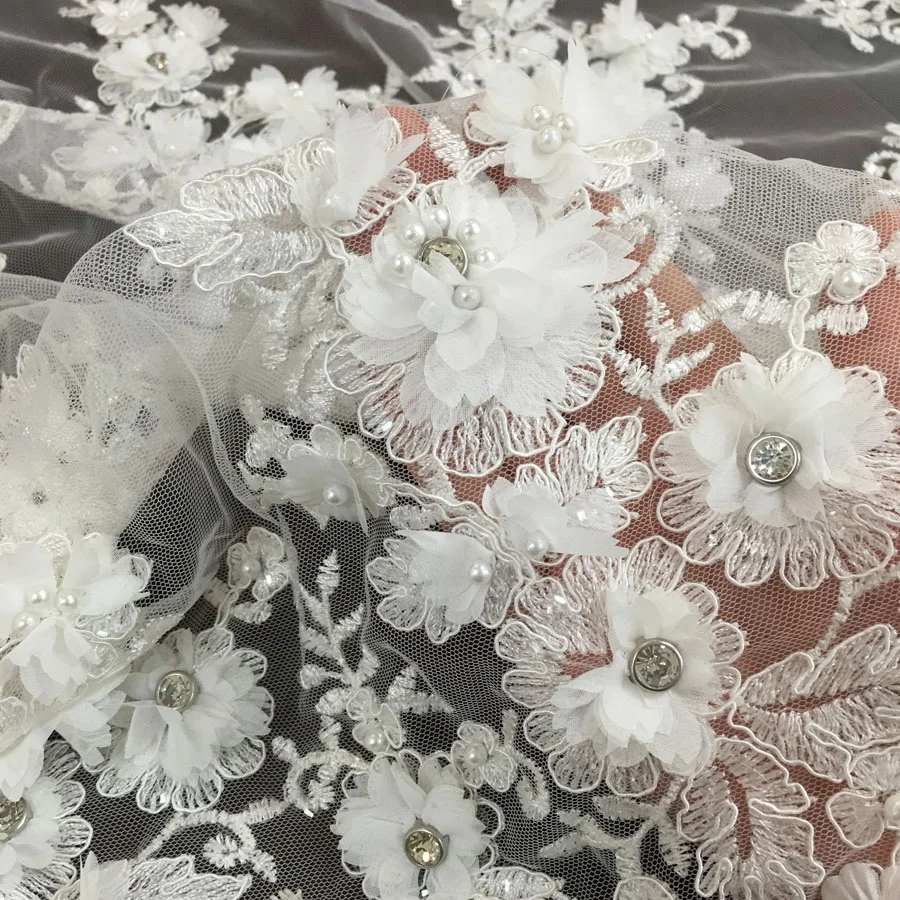 best selling bridal 3d lace flower applique sequin embroidery cord lace fabric with pearls stones for wedding dress