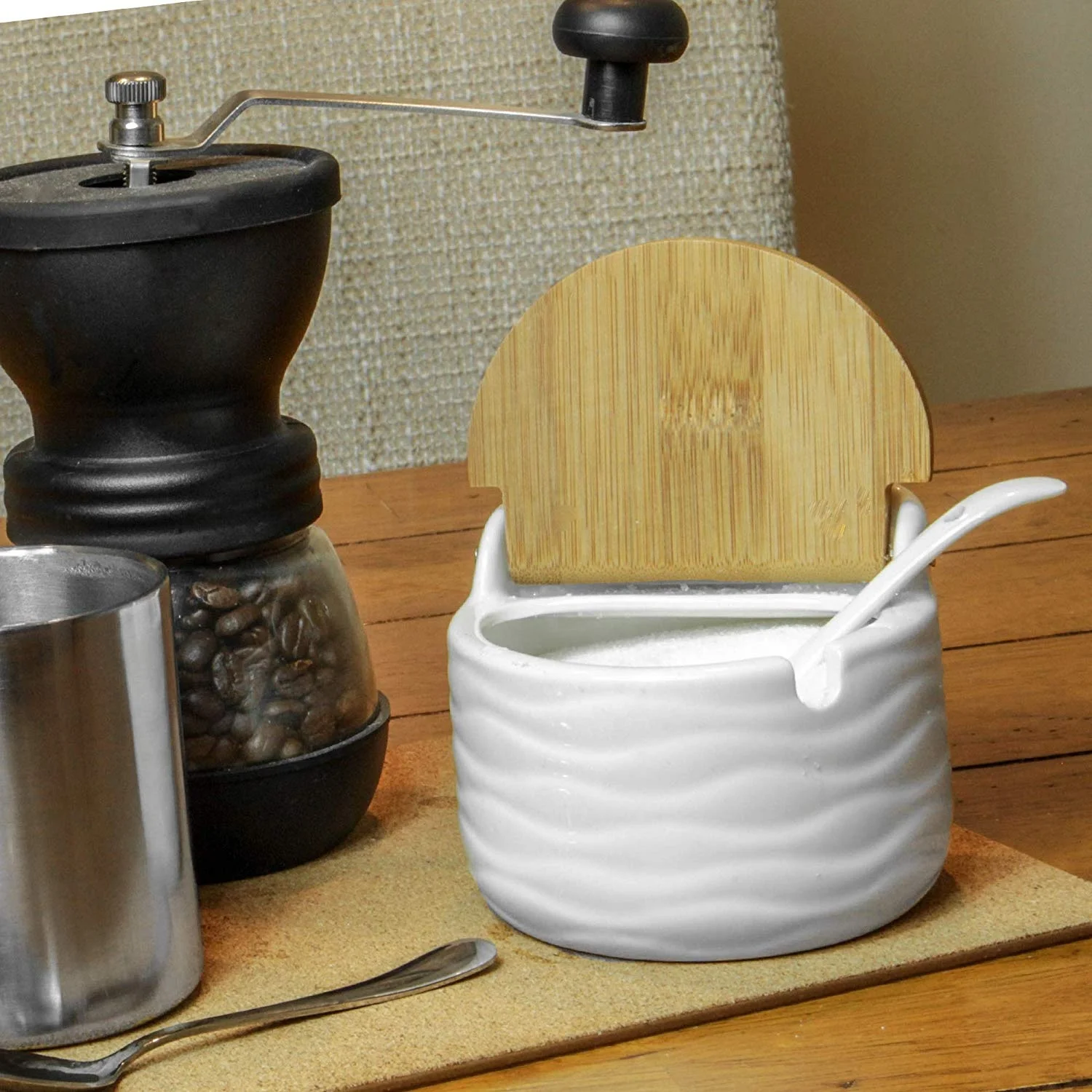 Ceramic Sugar Pot with Lid White Ceramic with Bamboo Lid Salt Canister