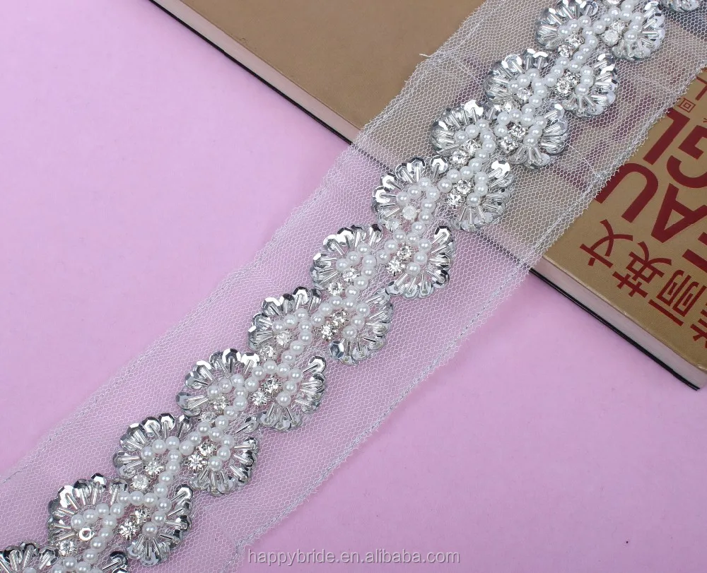 Lace Imitation pearl Beaded Trim with Sequins Handmade LO10012