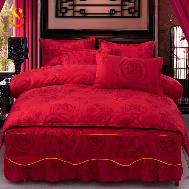 
China supplier polyester cotton red roses pattern sheet four pieces cotton bedding sets bed skirt style 