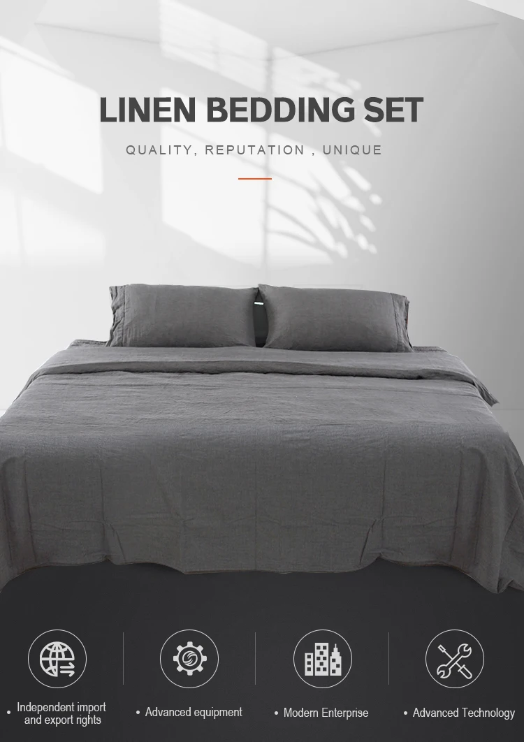 Pure Home French Stone Washed Flax Linen Bedding Quilt Cover Sets Hotel Wholesale 4 Pcs  Bedsheets set