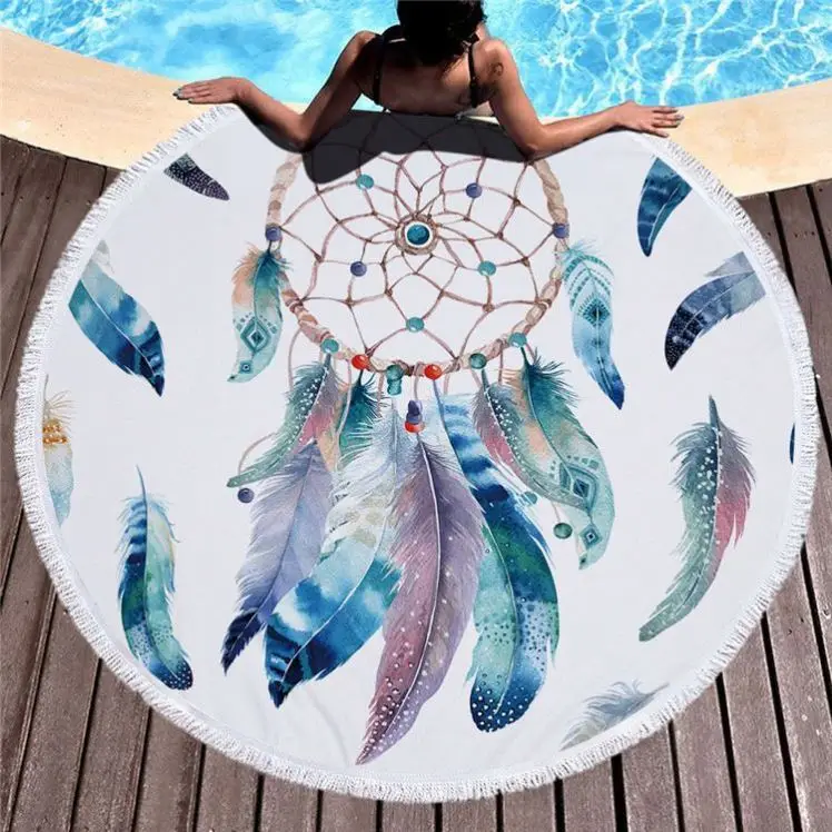 Terry Teenage Girl Beach Towel Yoga Mat Colorful  Dreamcatcher Round Beach Towel For Women