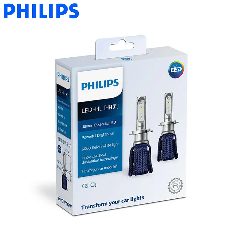 Philips LED H7 Ultinon Essential LED Car Bulbs 6000K Bright White Light Auto Headlight Innovative Heat 11972UE X2, Pair