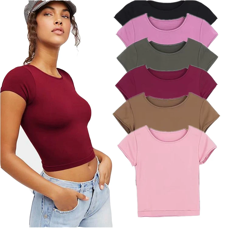
High quality elastic OEM logo sexy tight dry quick eco friendly top blank O neck sport fitness women t shirt 
