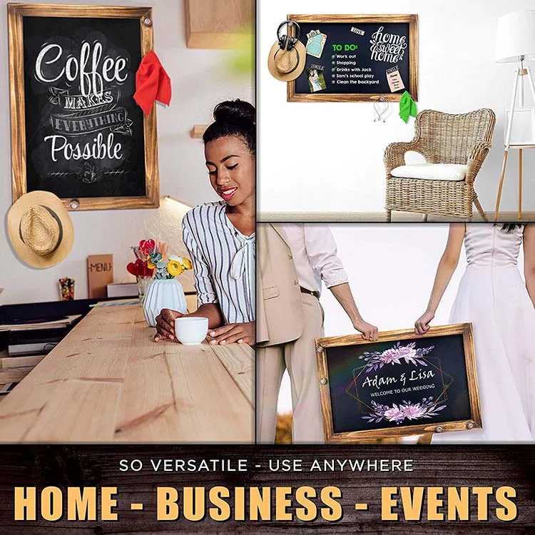 Shefio Large Framed Chalkboard Sign Wall Hanging Magnetic Blackboard with Rustic Handmade Burnt Wood Frame. For Home