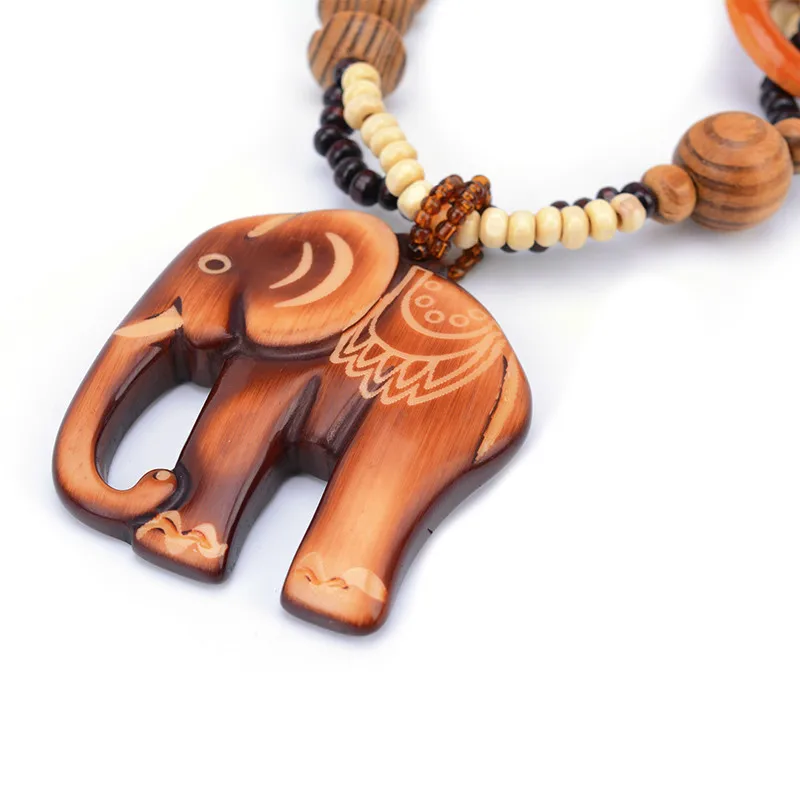 Boho Ethnic Jewelry Long Hand Made Bead Wood Elephant Pendant Maxi Necklace For Women Wholesale Price