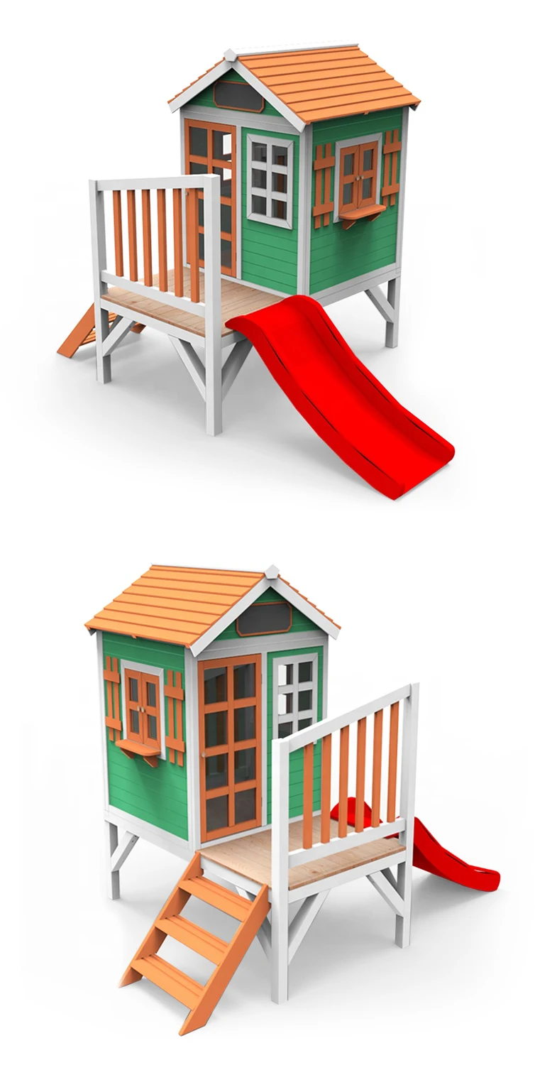 Outdoor Playground Patio Small Wooden  Children Kids Cubby House With Slide