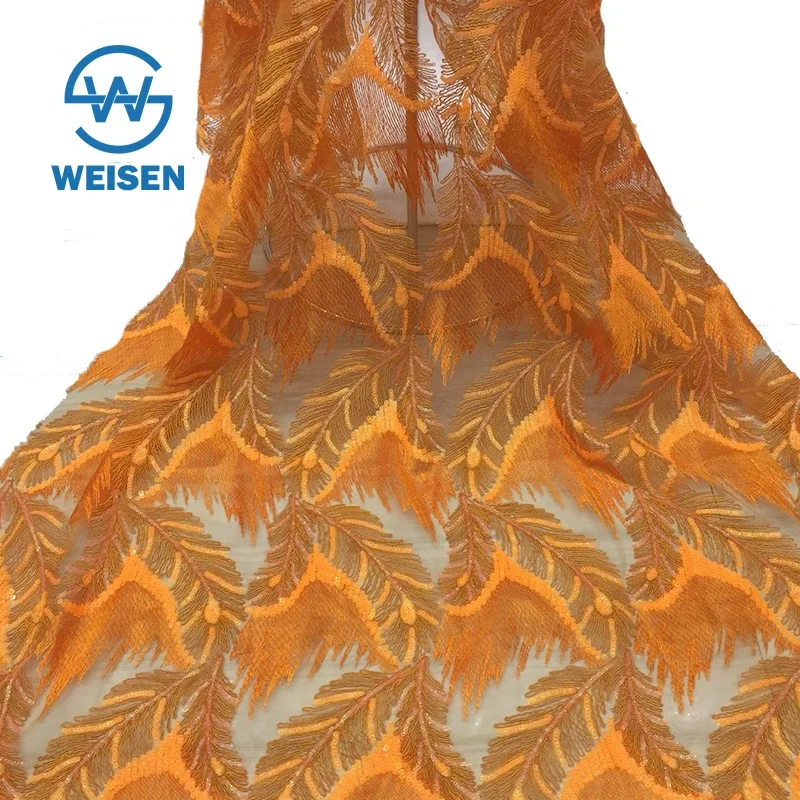 Flower Embroidery Embroidered Mesh Textile Big Leaf Sequin Lace Fabric