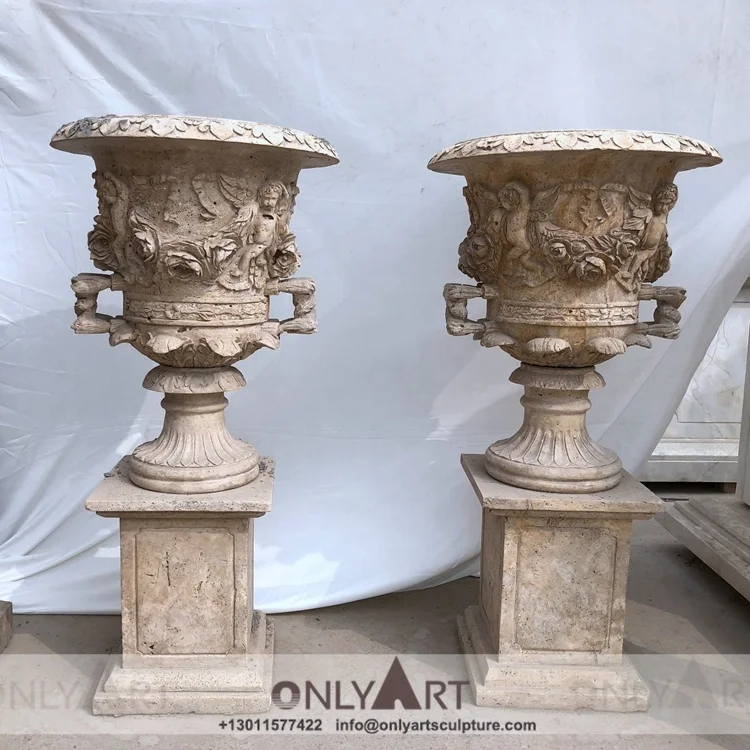 Modern Ornamental Decorative Old Effect Granite Marble Stone Boy Angel Flower Pot Vases For Garden