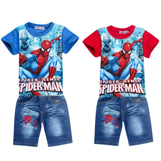 Retail spiderman kids clothing sets fashion cartoon children summer shirt jeans shorts set toddler boys clothing