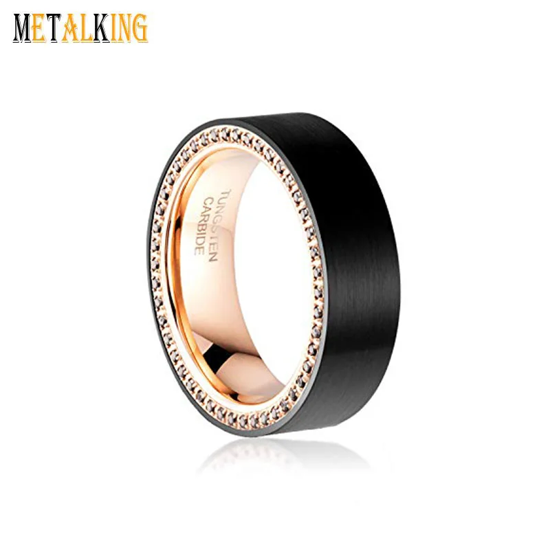 8mm Brushed Rose Gold Black Tungsten Ring with Black Cubic Zirconia Inlay Mens Wedding Band