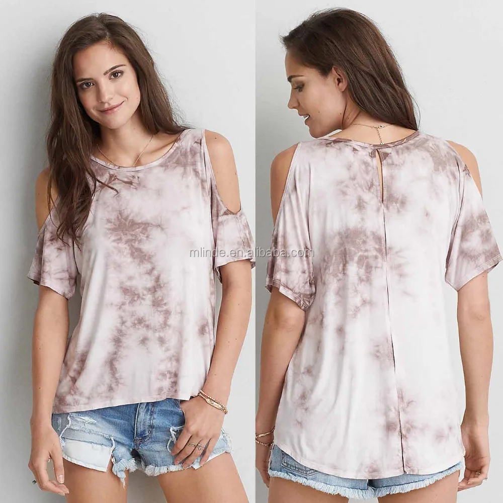 95% Rayon 5% Elastane Comfort Soft Sexy Keyhole Back Cold Shoulder Crew Neck Jersey Woman Summer Tie Dye T-Shirt