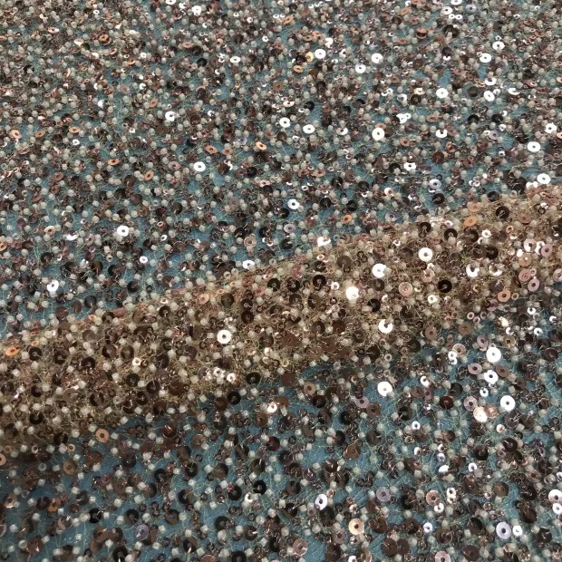 X100 Luxury Black Beaded Sequin Latest Heavy Beaded Embroidery Lace Fabric For Wedding Gown