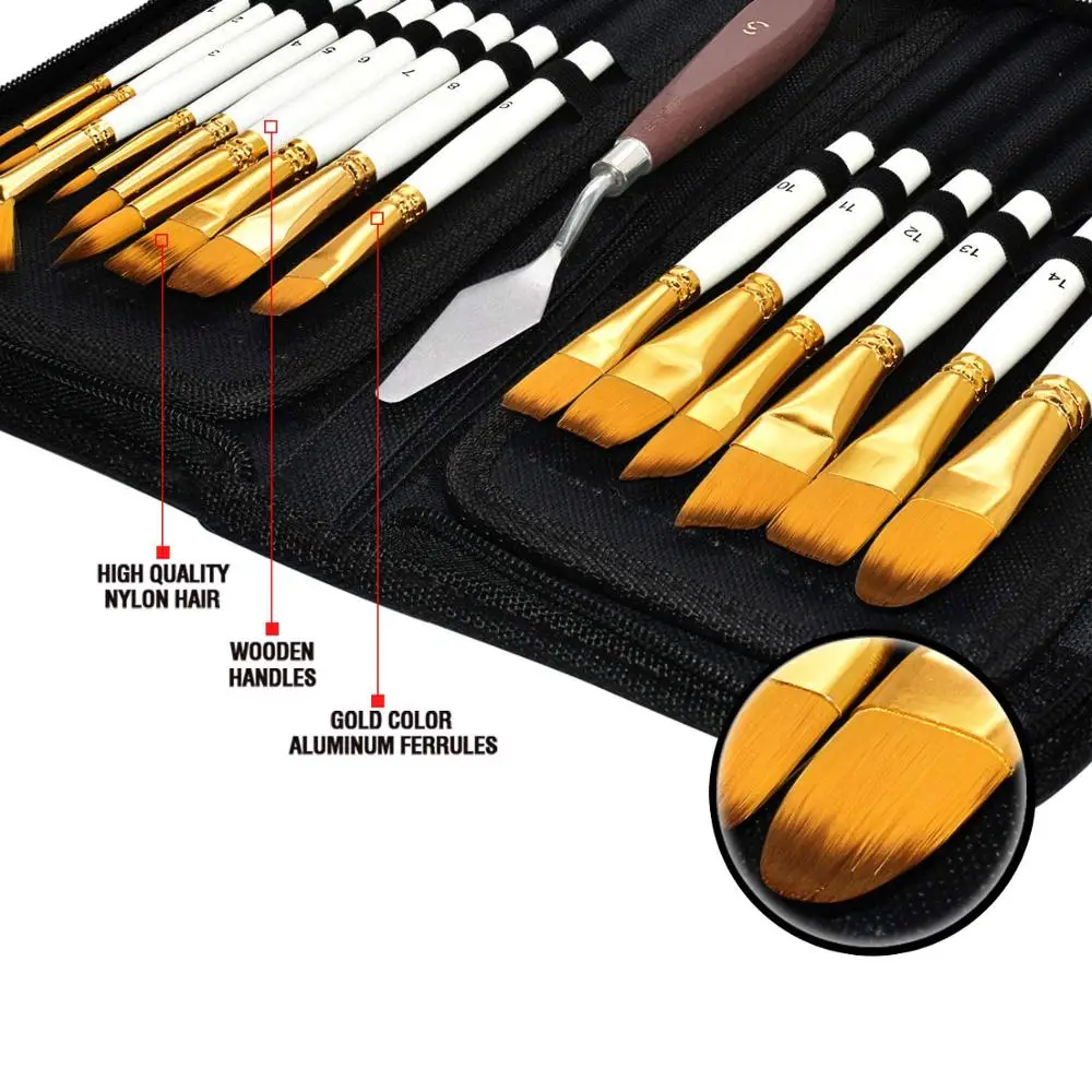 
2020 New 15Pcs cheap Artist Paint Brush Set Includes Pop-up Carrying Case,for Acrylic, Oil, Watercolor, Creative Body Paint 