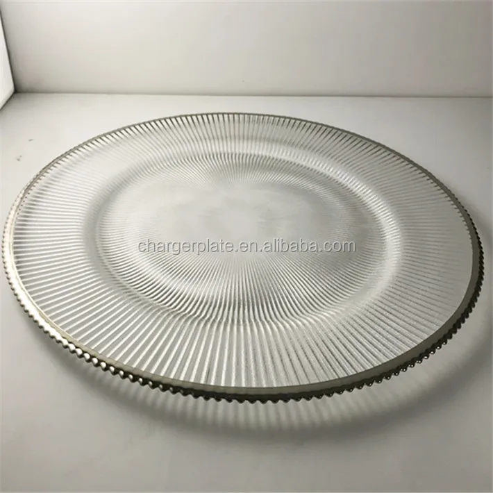13inch Cheap Unique Ray Design Gold Rim Clear Glass Charger Plate Wedding Decoration Supplies