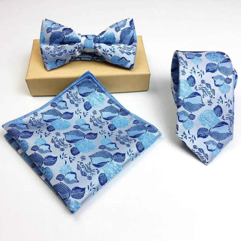 
high quality floral necktie set with bow tie and pocket square for party 
