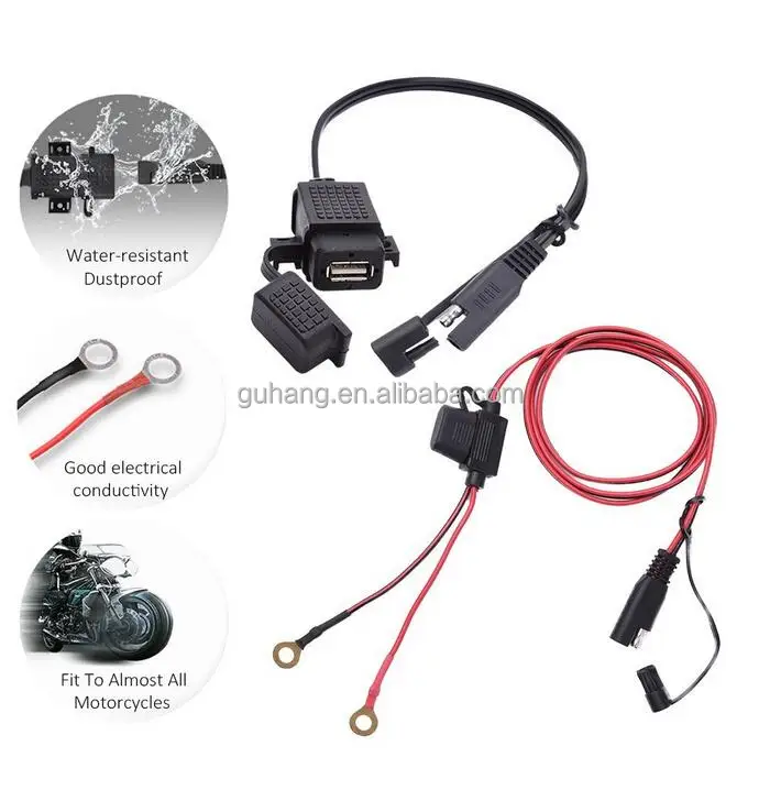 SAE to USB Cable Adapter Waterproof USB Charger Quick 2.1A Port with Inline Fuse for Motorcycle Cellphone Tablet GPS and More