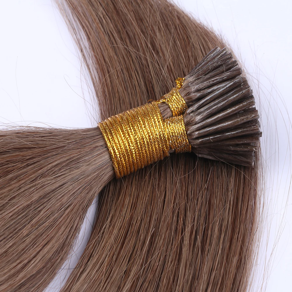 100 Strands I Tip Hair Extensions Human Hair Light Brown #8 Color Soft Straight Remy Hair Pre Bonded Stick Shoelace Tips