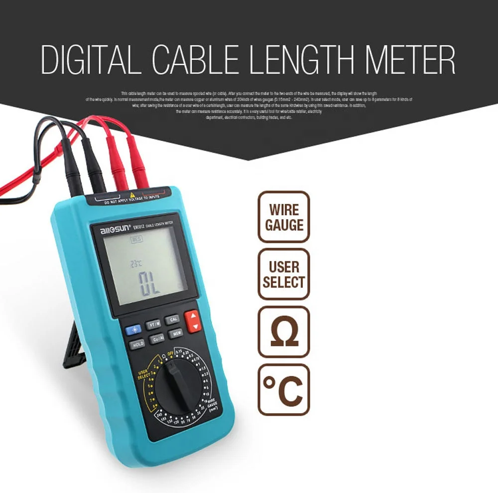 Allosun EM5812 cable length meter Digital Cable Resistance Tester 30KM/100000ft Wire Cable Length Tester Meter