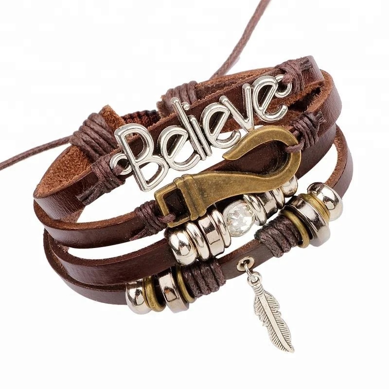 LIKA  Women Men Adjustable Alloy Feather Believe Letter Hook Multilayer Leather Bracelet