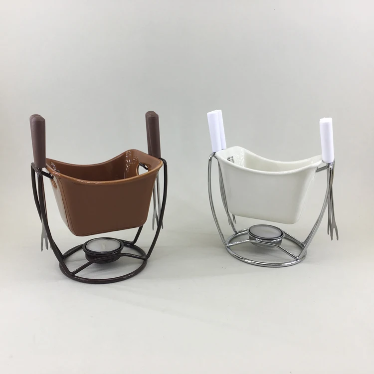 Glazed safety personalized ceramic cheap mini cheese fondue pots chocolate fondue set with dippers