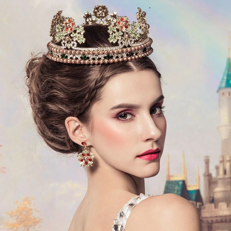 
European style luxury large round queen crown tiaras with pearl beads and earrings sets 