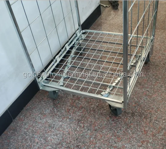 Heavy duty foldable hotel laundry wire mesh storage roll container with wheels and pallet roll cage