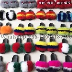 Chinese wholesale fluffy custom furry fur slides for ladies rubber summer pvc slipper raccoon fox fur slippers for women