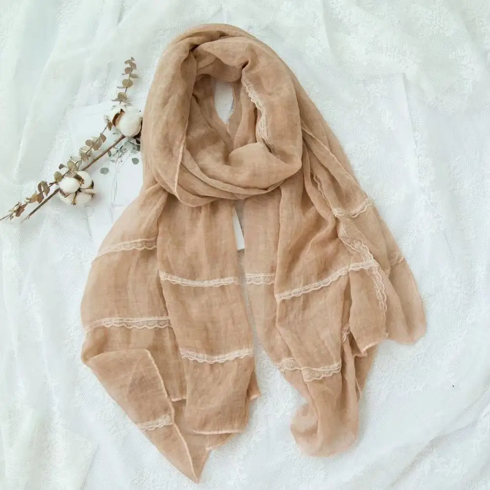 Muslim women soft cotton oversize solid plain lace scarf shawl stole